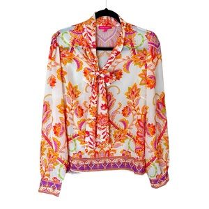 Flying‎ Tomato Anthropologie Colorful Paisley Sheer Blouse Top Bow Size Large